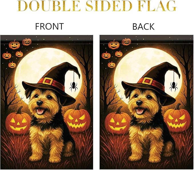 Halloween Garden Flag Yorkshire Terrier Dog Flag 12x18 Inch Double-Sided Pumpkin Witch Hat Spider Yard Banner Fall Outdoor Decoration for Porch Lawn Pathway Dog Lover Gift