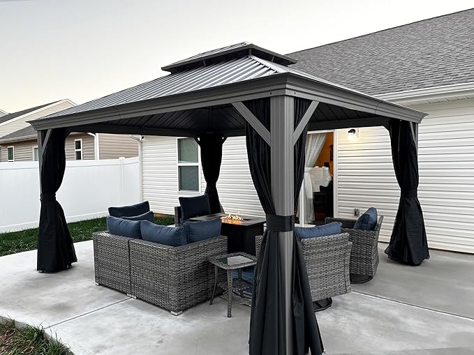 PURPLE LEAF 12' X 14' Permanent Hardtop Gazebo Galvanized Steel Double Roof Pavilion with Aluminum Frames Heavy Duty Patio Gazebo for Pool Patio Deck Garden,Netting and Curtains Included, Light Grey