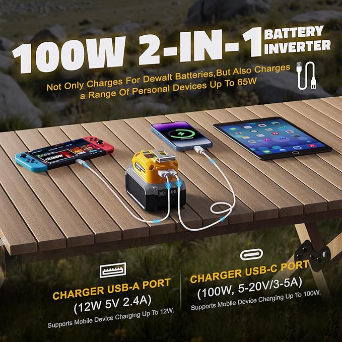 100W USB Battery Adapter Compatible with Dewalt 20V, LIVOWALNY Power Inverter Battery Inverter Charger Power Station with Type-C Port & USB Port & LED Light for Electronic Device (Tool Only)