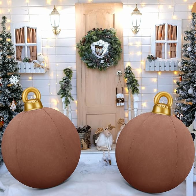 Jetec 3 Pcs 32 Inch Giant Velvet Christmas Inflatable Balls Ornament Flocked Xmas PVC Inflatable Flocked Ball Ornaments for Christmas Holiday Outdoor Blow up Yard Decor(Brown)