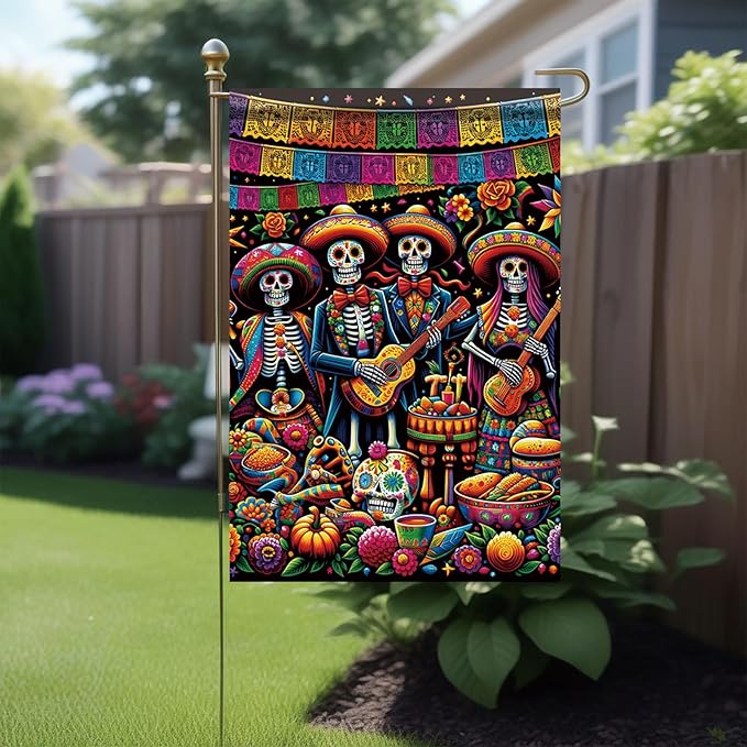 Day of the Dead Garden Flag 12x18 Inch Mexican Sugar Skull Skeleton Band Yard Banner Double Sided Outdoor Dia de los Muertos House Flag Colorful Skull Porch Lawn Decor