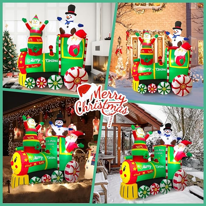 6.2FT Christmas Inflatables Train & Santa Claus Outdoor Yard Decortaions Blow-up Christmas Decor with Built-in LED Lights for Garden Lawn Party