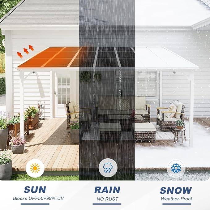 MEISSALIVVE 12' x 14' Wall Mounted Lean to Metal Awnings with Sloped Roof, Outdoor Patio Gazebo Awning for Backyard, Deck, White