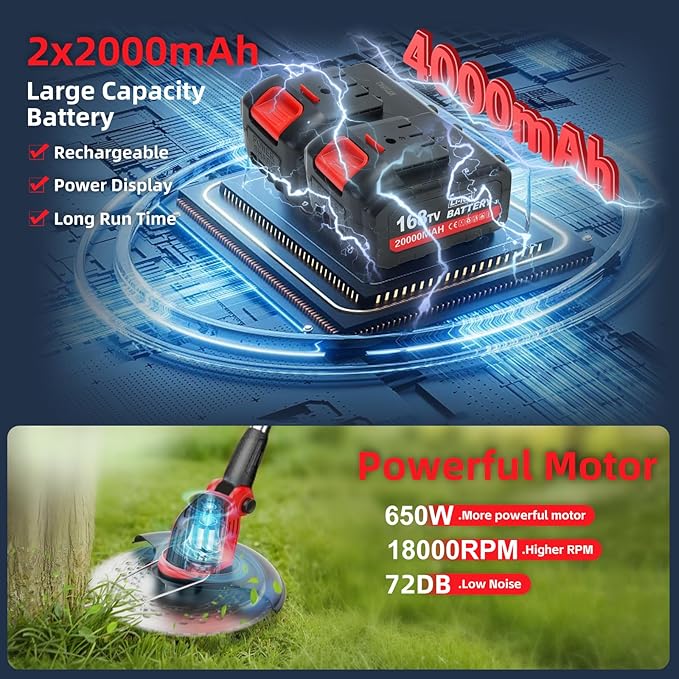 20000 RPM Electric Weed Wacker with Wheel, 3-in-1 Brushless Brush Cutter/String Trimmer/Grass Trimmer/Lawn Mower, 9" Cordless Weed Eater Battery Powered, 2 * 2000mAh Battery, 4 Blade and Charger