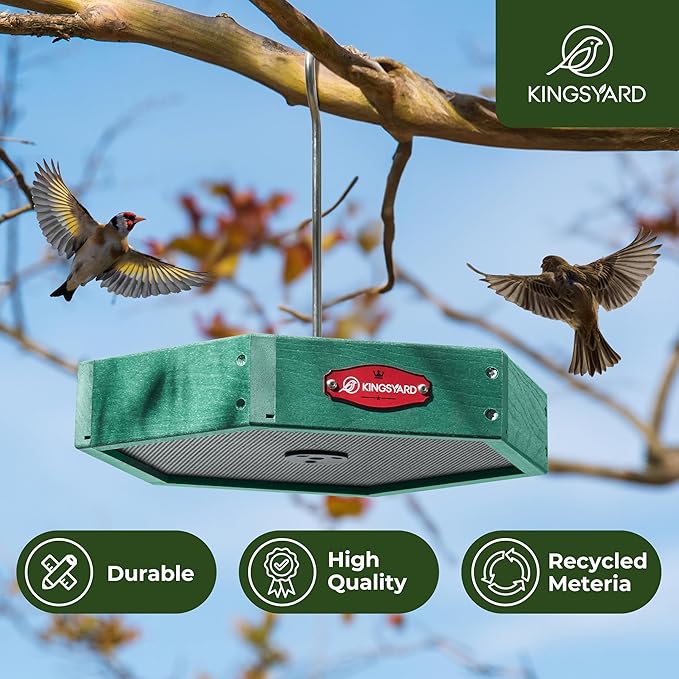 Kingsyard Heavy Duty Hanging Platform Bird Feeder Weatherproof, Recycled Plastic Tray with Metal Mesh Screen, Easy Clean Outdoor Feeder for Cardinals Bluebirds Wild Birds, Green