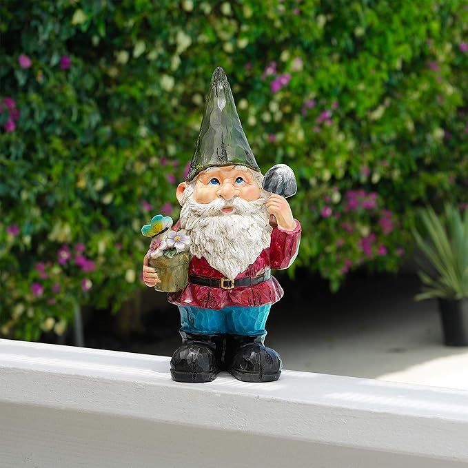 Alpine Corporation 12" Tall Outdoor Garden Gnome with Flower Pot Yard Statue Decoration
