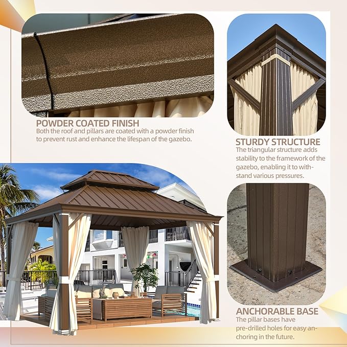 YOLENY 10' x 12' Gazebo, Galvanized Steel Double Roof Hardtop Gazebo with Aluminum Frame, Permanent Outdoor Metal Pavilion with Curtain and Netting for Patio, Lawn and Garden