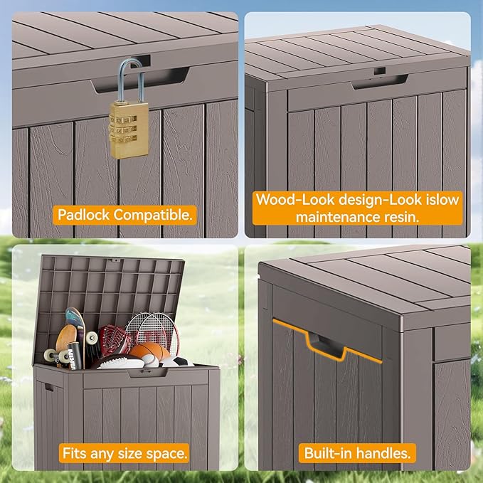 NUNU LAB Outdoor Storage Box, 32 Gallon Deck Box Indoor Outdoor Storage Bin, Waterproof Resin Patio Storage Box for Garden Tools, Package Delivery, Pool Accessories Lockable