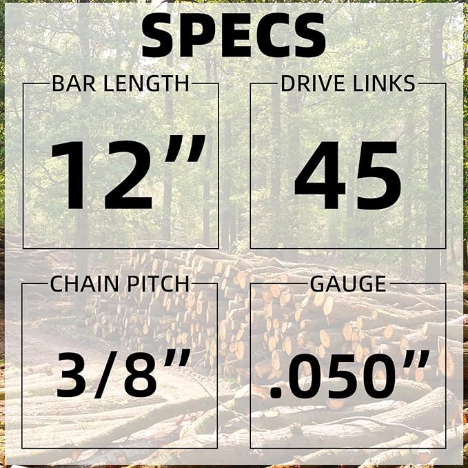 12 Inch Chainsaw Guide Bar and Chain Combo - 3/8 LP Pitch .050" Gauge 45 Drive Links, 12" Replacement Chain Low-Kickback Fit for Craftsman Echo Poulan Greenworks Kobalt (2Chain+1Bar)