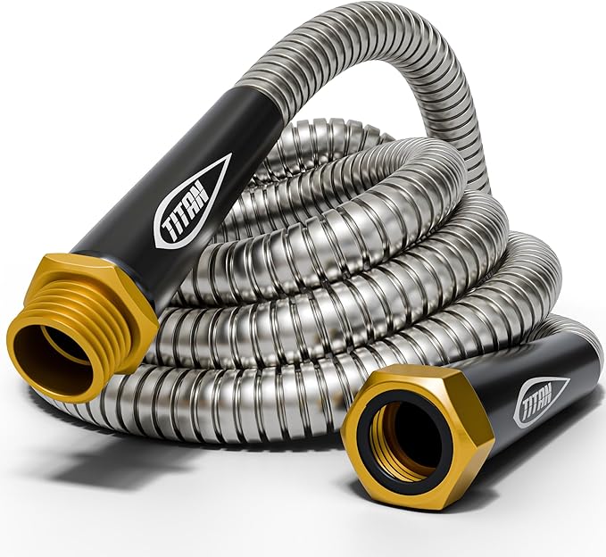 TITAN Garden Hose 100FT - 304 Stainless Steel Metal Water Hose, Flexible, Kink-Free, Lightweight, Durable, Crush Resistant Fittings, Easy to Coil, 500 PSI