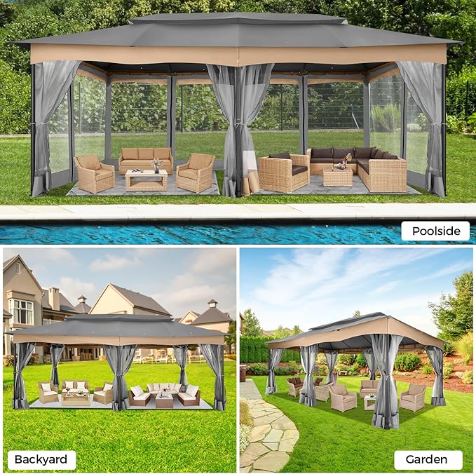 COBIZI Gazebo 12x20 Heavy Duty Gazebos with Improved Nettings Outdoor Gazebo Canopy Double Roof Patio Gazebos with Metal Steel Frame for Patio, Deck, Backyard (Gray)