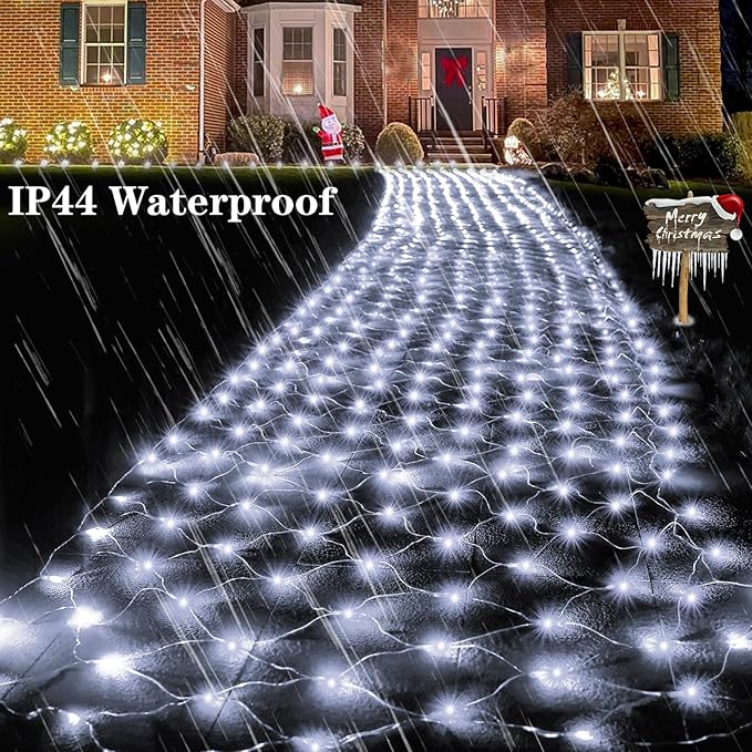 610 LED Christmas Net Lights, 34.5ft x 5ft Mesh Lights Outdoor with Timer & 8 Lighting Modes Clear Wire, Waterproof Connectable String Lights for Bushes Xmas Tree Garden Holiday Party - White