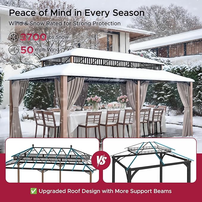 SUNJOY Kingston 20' x 12' Hardtop Gazebo with Galvanized Steel/Polycarbonate Double Roof, Curtain and Netting, Woodgrain Finish Aluminum Posts Permanent Pavilion Gazebo for Garden, Patio, Deck, Lawn