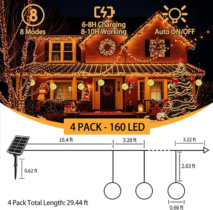 Solar Christmas Ball Lights for Tree Outdoor, 4 Pack 160 LED Globe Lights Waterproof, 8 Modes 7.87in Solar Sphere String Lights Outside for Window Garden Yard Porch Party Decorations, Warm White