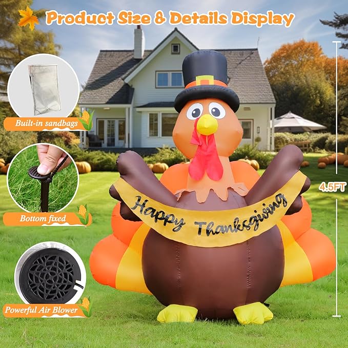FunFanso Thanksgiving Inflatables Turkey Outdoor Decorations with Built-in LED Lights, 4.5FT Tall Blow Up Turkey with Pilgrim Hat and Colorful Tail for Lawn Yard Garden Party House Holiday Decor