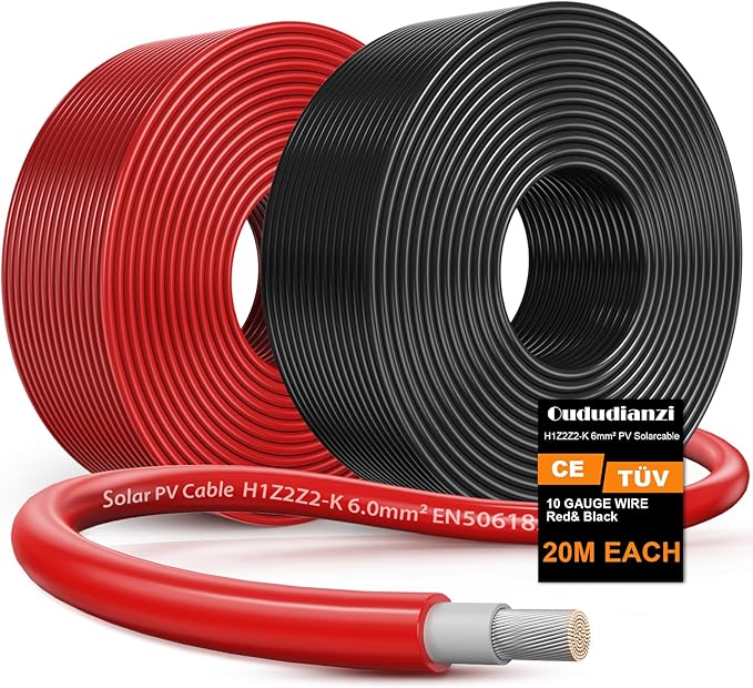 Oududianzi 2x65 Feet Solar Panel Wire, 10AWG Solar Wire Tinned Copper 10 Gauge Solar Cable PV Wire, for Outdoor Automotive RV Solar Panels Boat Marine (65FT Red + 65FT Black)