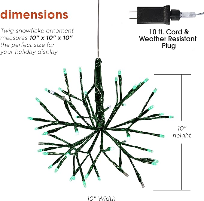 Alpine Corporation 10" H Indoor Christmas Twig 3D Hanging Snowflake Ornament with LED Lights, Green, Christmas Decoration (Pack of 4)