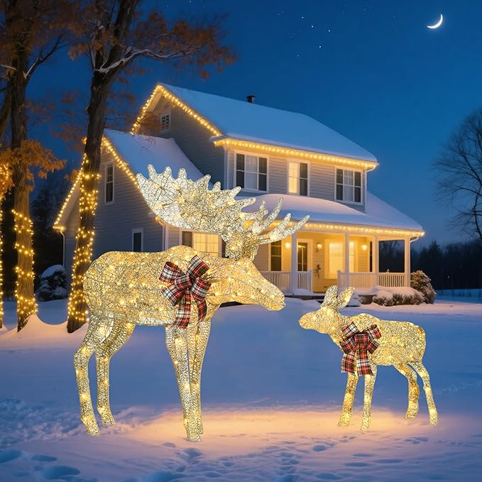 Outdoor Lighted Deer Christmas Decor, Moose & Fawn 2-Piece Set Xmas Holiday Decorations with 170 Warm White LEDs, Champagne Gold Twine, 3D Design, Ground Stakes, for Yards, Garden, Lawn