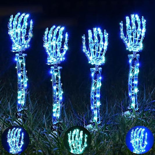 Halloween Lighted Skeleton Hands Set, 4 Pack Light Up Skeleton Arm Stakes, 4 x 3m 240 LED Green & Blue Lights with 3 Modes, Realistic Halloween Yard Outdoor Decorations Graveyard Garden