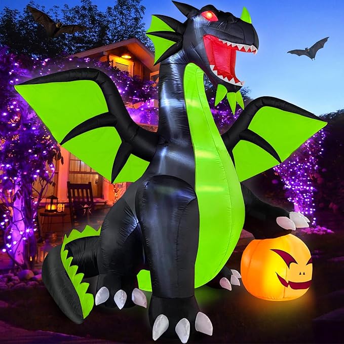 Danxilu 9FT Halloween Inflatable Outdoor Decoration Blow Up Dominating Green Dragon with Pumpkin Built-in LED Lights Spooky Blowups Yard Decor for Halloween Fun Holiday Party Garden Lawn Decor