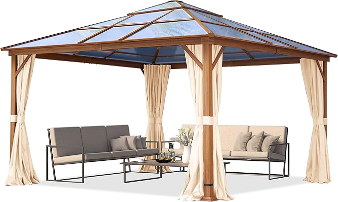 TOOLPORT Hardtop Gazebo 13x13 ft with Polycarbonate Roof - Wood-Like Finish - 4 Side Panels in Champagne