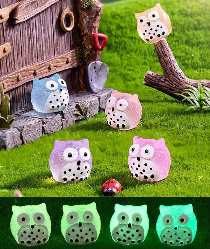 40 Pcs Luminous Mini Resin Owls, Glow in The Dark for Fairy Garden, Garden Miniatures, Plant Décor and Car Accessories
