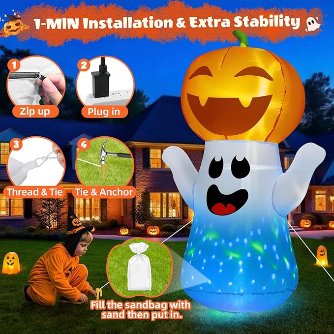 5FT Halloween Inflatables Pumpkin Ghost Built-in 3-Pattern Colorful Flashing Light, Cute Halloween Blow Up Yard Decorations for Indoor Outdoor Home/Holiday/Party/Yard/Lawn (1PCS)