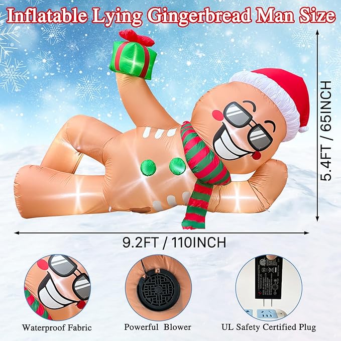 9.2 FT Inflatables Lying Gingerbread Man Outdoor Decorations, Blow Up Giant Inflatables Sleeping Gingerbread Man with LED Lights for Eaves Roof Lawn Xmas Winter Party Holiday Indoor & Outdoor Decor
