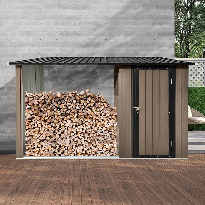 Firewood Rack Outdoor Metal Storage Shed,Two-in-one Function with Sloped Roof and Open Woodshed Design,Tall Door w/a Latch,Waterproof Building Organizer,for Motorcycle,Bicycles,Black+Brown