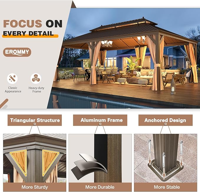 EROMMY 14'x24' Hardtop Gazebo Double Roof Galvanized Steel Outdoor Gazebos with Aluminum Frame, Netting and Curtains, Permanent Metal Pavilion for Patio Backyard Deck and Lawns