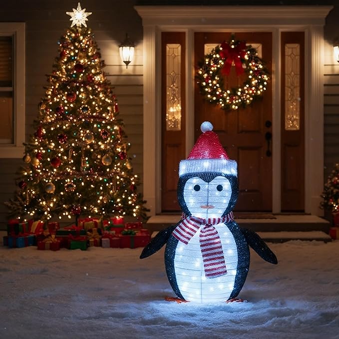 Lighted Christmas Penguin Decoration – Foldable & Collapsible Metal Frame, Battery Powered Waterproof Yard Ornament for Indoor & Outdoor Holiday Décor