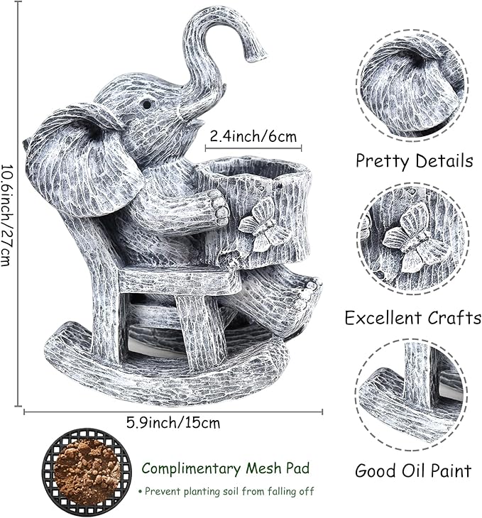 Succulent Pots Indoor Elephant Gifts for Women for Plant Lovers Cute Outdoor Plant Pots Outdoor Garden Animal Decor Elephant Sit Chair Statue with Drainage Hole