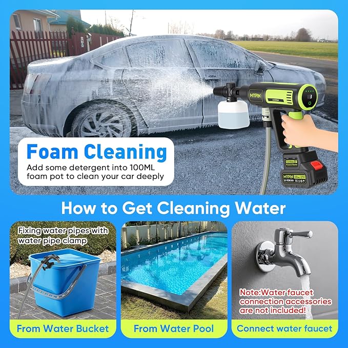Upgraded LCD Display Portable Cordless Pressure Washer with Brushless Motor, 725 PSI 21V 2x3.0Ah Rechargeable Batteries Powered Pressure Washer, 6-in-1 Nozzle for Car Floor Wall Fence Cleaning