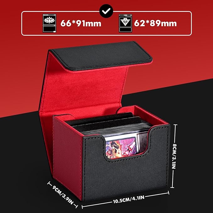 ZLCA Card Deck Box for Trading Cards, MTG Commander Deck Box Holds 120+ Single Sleeved, Leather Magnetic Card Storage Case Fits for TCG CCG Magic (Red& Black)