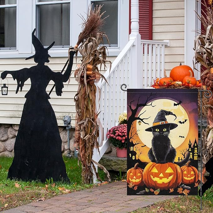 Louise Maelys Halloween Garden Flag Black Cat Witch Hat Pumpkin 12x18 Inch Double Sided Boo Moon Holiday Seasonal Fall Autumn Small Burlap Yard Sign Outside Outdoor House Decoration
