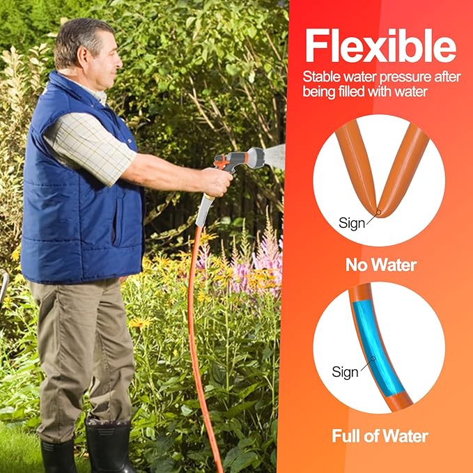 SPECILITE Garden Water Hose 25 ft x 5/8 in Heavy Duty, Flexible and Lightweight, Burst 600 psi, Kink-less Hybrid Rubber Pipe for Backyard, 3/4'' Brass Fittings, Orange