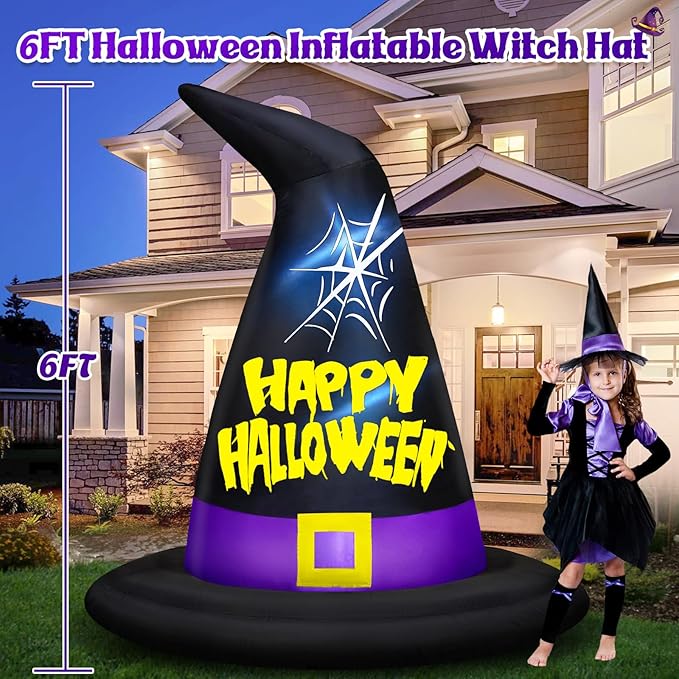 Danxilu 6 FT Halloween Inflatables Outdoor Decorations, Halloween Inflatable Witch Hat Built-in LED Lights Blow Up Yard Decoration for Decor Outside Holiday Party Garden Lawn