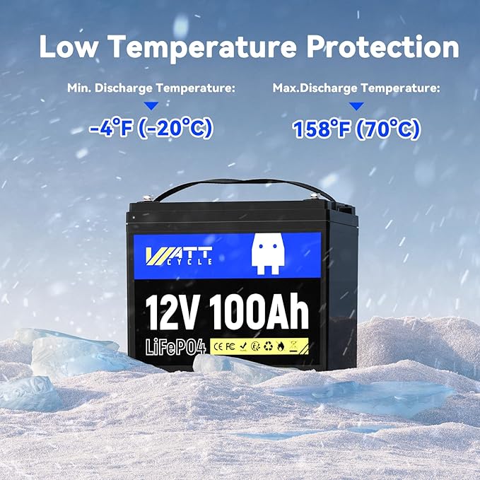 Wattcycle 12V 100Ah LiFePO4 Battery, Lithium Battery Up to 15000 Cycles, Low Temperature Protection, 10 Years Lifespan, Perfect for RV/Outdoor Camping/Home Energy Storage（BCI Group 24）