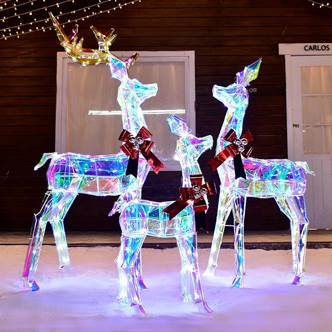 Outdoor Christmas Decorations Deer Family - HOYECHI 3-Piece Lighted Prismatic Reindeer with 465 LED Lights - Outside Yard Decor Kit, Stakes, Zip Ties - Iridescent