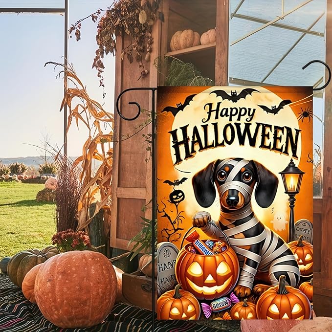 Garden Flags for Outside 12x18 Inch Double Sided - Halloween Trick or Treat Dachshund Dog Skeleton Decorations - Small Outdoor Yard Flag