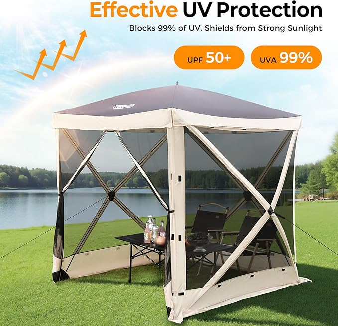 Tecoom 4 Side Pop Up Gazebo Tent, 6x6ft Waterproof Instant Screen with Mosquito Netting, Removable Wind Cloths, Portable Outdoor Canopy for Sun Shelter for Camping, Garden and Picnics