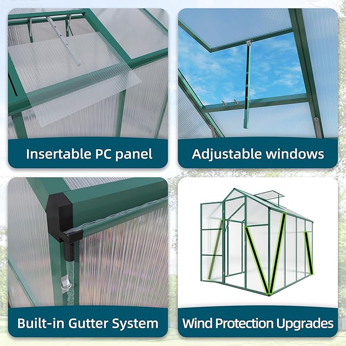 6*6.2*7.2FT Greenhouse for Outdoors, Polycarbonate Greenhouse with Stronger Wind Protection and Roof Vent, Walk-in Large Aluminum Sunroom Winter Proof, Green