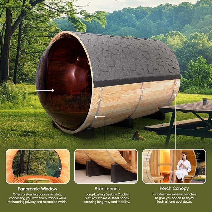 ZONEMEL Barrel Steam Sauna Room with Panoramic View, Bitumen Roofing, Canadian Hemlock Outdoor Sauna with 6kw ETL Certified TOULE Heater, Sauna Rocks, 8 Person Sauna Bath for Garden Courtyard, 220V