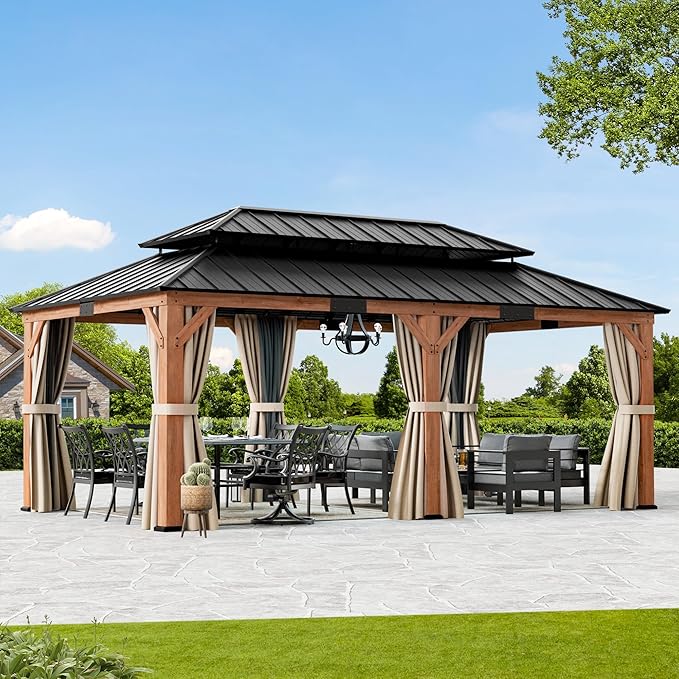 Modern Shade Rosewood Wood Gazebo 12' x 20', Cedar Framed Grill Gazebo with Double Galvanized Steel Roof, Mosquito Netting and Curtains, Permanent Hardtop with Sturdy Hooks for Garden, Backyard, Patio