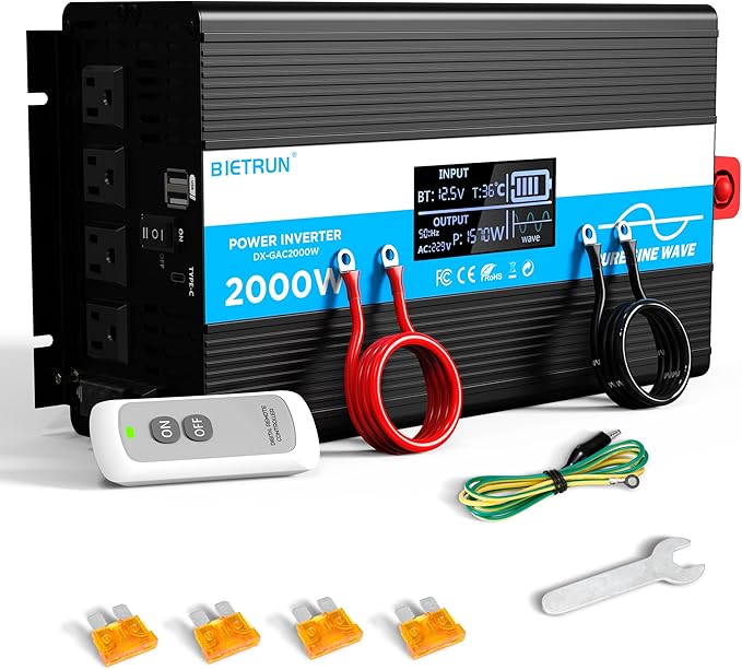 2000W Pure Sine Wave Inverter, Car Power Inverter 12V to 120V AC Converter for RV, Truck, Solar, with 4 AC, 3 USB(5V 2.1A), Hardwire Port, Remote Controller, HD Display, Mult Protection, Surge 4000W