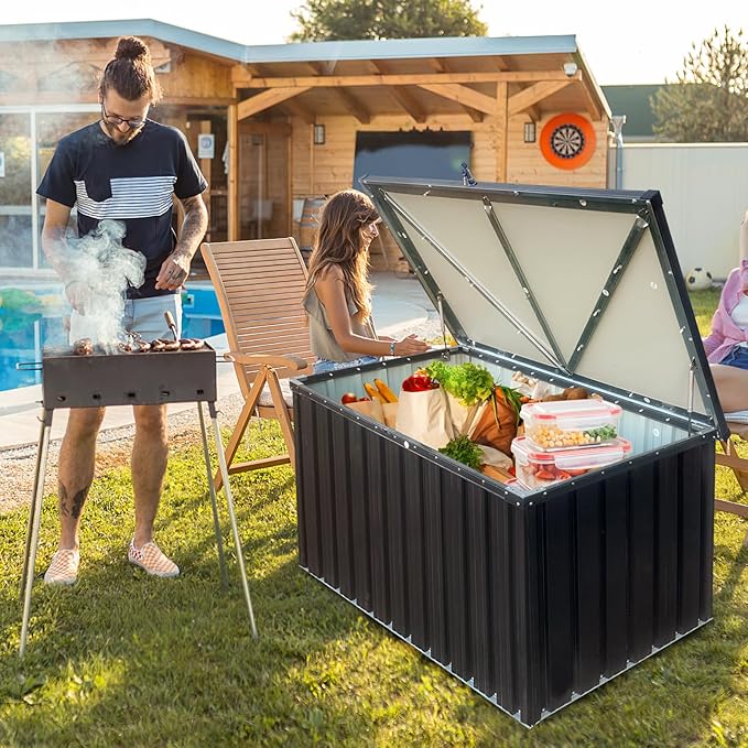 215-Gallon Outdoor Metal Storage Box, Weatherproof Deck Box with Wooden Texture, Multi-Purpose Garden Storage for Tools, Pool Accessories & Sports Gear, Patio Organizer with Tabletop Function