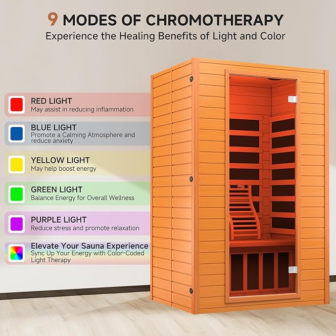 springspa Far Infrared Sauna for Home, Home Indoor Infrared Sauna for 2-Person, Canadian Hemlock Wood Sauna Room with Low Emf Red Light Therapy, 9 Chromotherapy Lights, Bluetooth Speakers