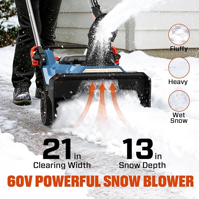 SENIX 21-Inch 60 Volt Cordless Snow Blower with Heated Handles and Steel Auger, 13-Inch Clearing Depth, 45-Foot Max Throw Distance, Dual LED Lights, 2 * 8.0Ah Batteries and Dual Port Charger Included