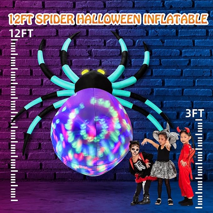12Ft Giant Halloween Inflatables Spider Built-in 7-Color-Shifting Eyes & 3-Effect-Flashing Belly, Large Halloween Decorations Outdoor Huge Blow Up Yard Decorations Blowups for Holiday- 1PCS（Cyan）