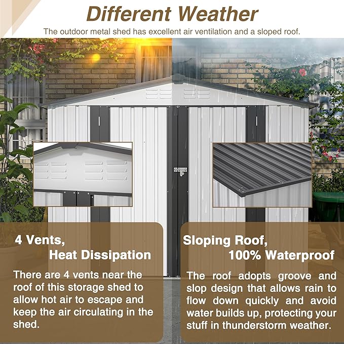 8x6 FT Outdoor Storage Shed W/ 2 Lockable Hinged Doors,Metal Shed W/Sloped Roof & 4 Air Vents,Garden Tool House W/Updated Frame Structure,for Backyard Patio Lawn,White
